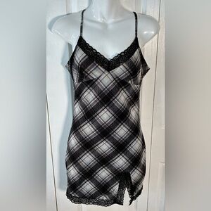 Forever 21 Black Gray Plaid Lace Trim Slit Slip Dress 90s Y2K